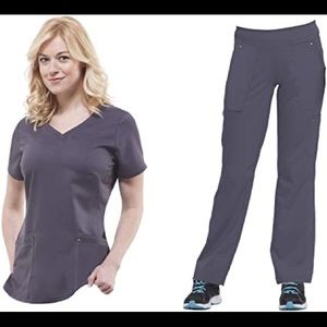 Healing Hands Purple Label Yoga Scrub Set - Grey. Medium Top, Small Bottoms.